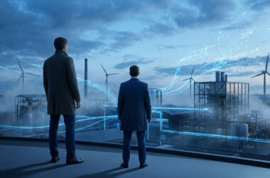 Vue arrière de deux hommes observant un complexe industriel moderne avec éoliennes et des flux de données lumineux sous un ciel nuageux.