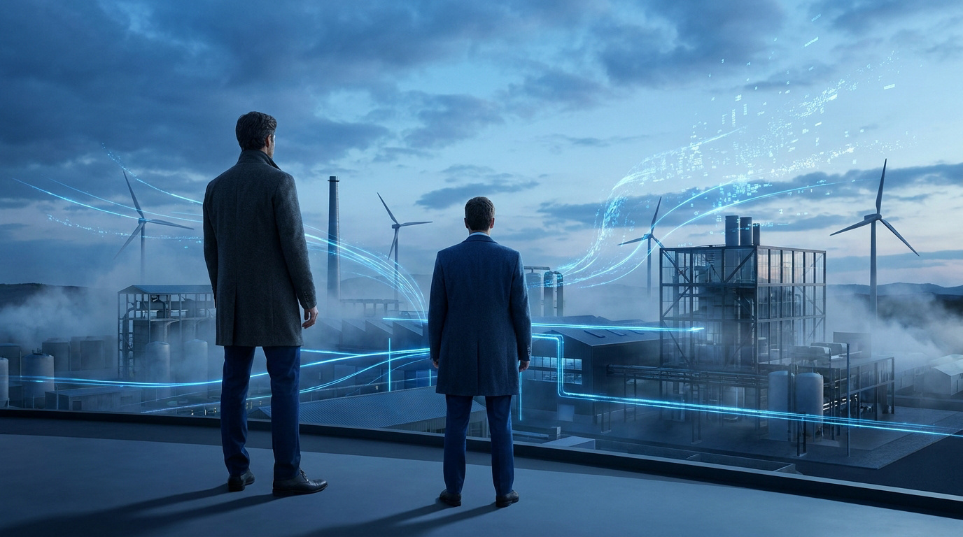 Vue arrière de deux hommes observant un complexe industriel moderne avec éoliennes et des flux de données lumineux sous un ciel nuageux.